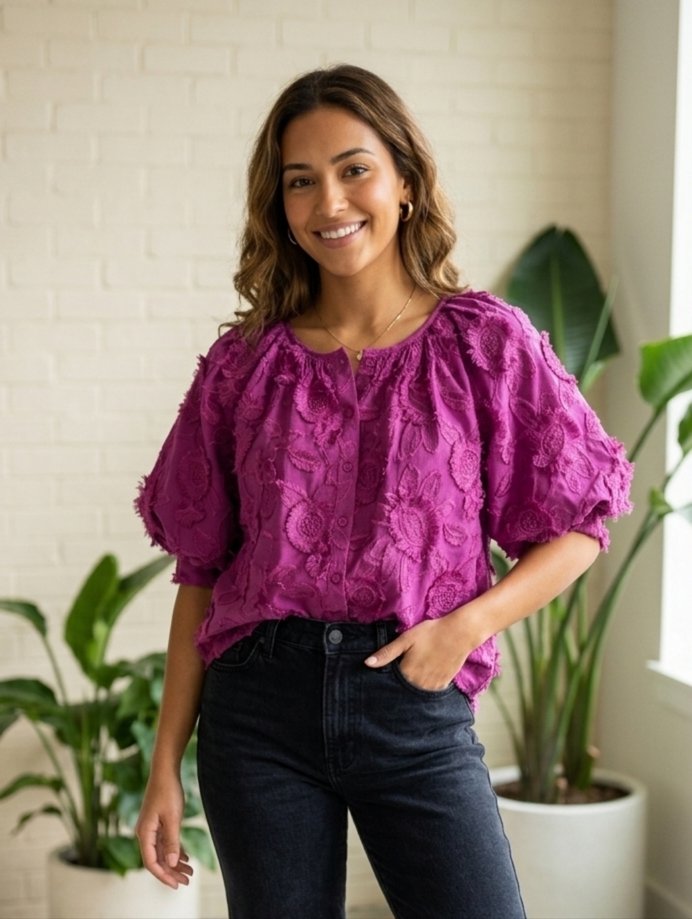 Chico's‎ Jacquard Smocked Button Front Top Size 2 U.s. 12 Boho Floral Summer